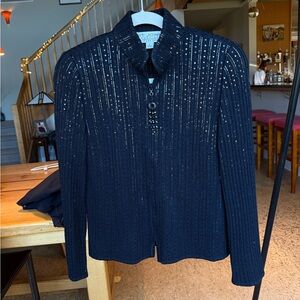 St. John Evening Black Knit Sequin Zip-up